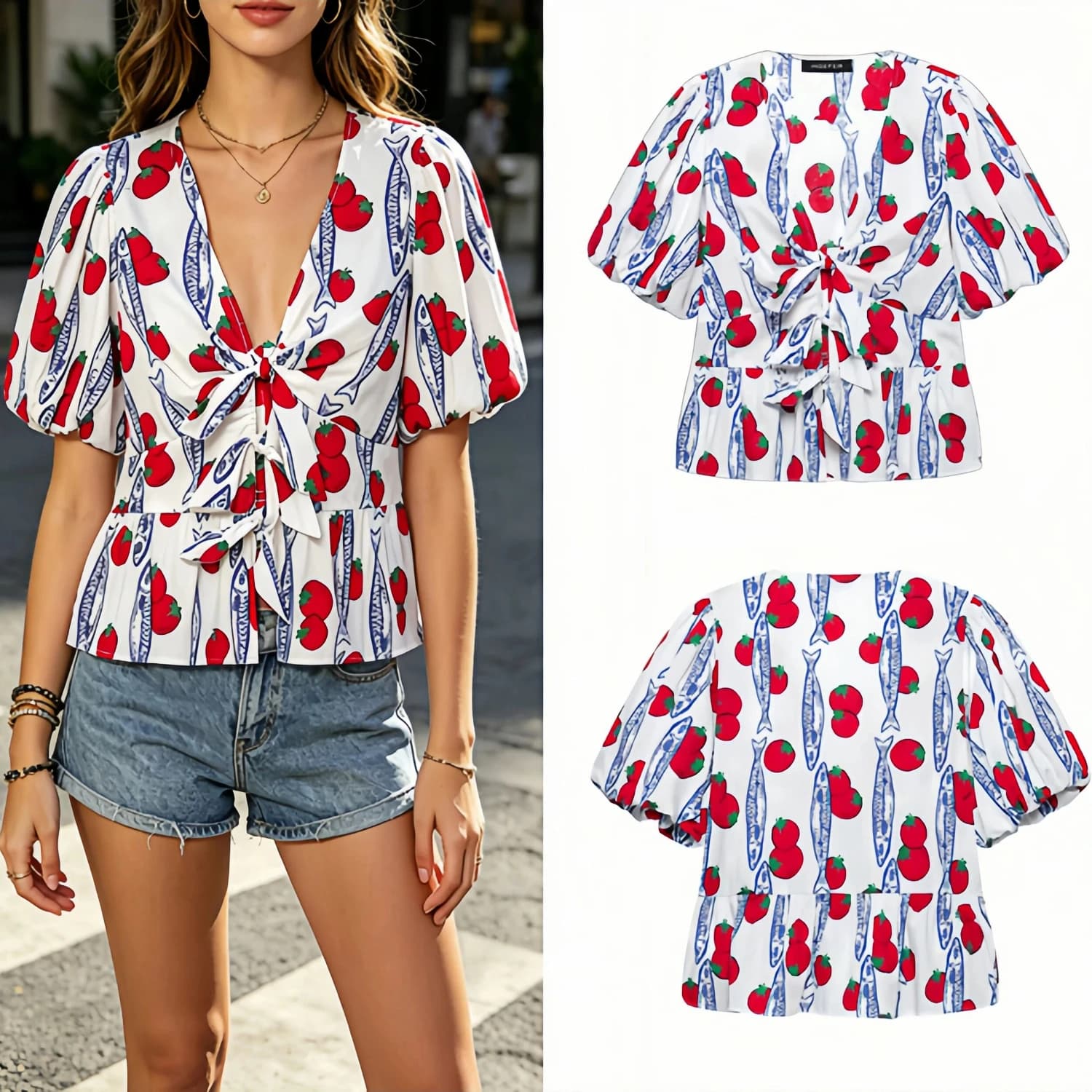 2026 Summer Women Printed V Neck Short Sleeve Blouse Bow Decoration Flared Hem Chic Simple Top Versatile Printed Blouse