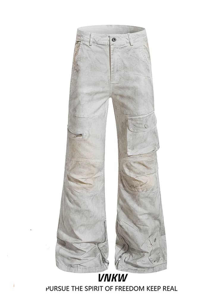 Retro American Washed Multi-Pocket Workwear Jeans Loose Casual Wide Leg Pants Unisex Street Style Comfortable Loose Fit Jeans