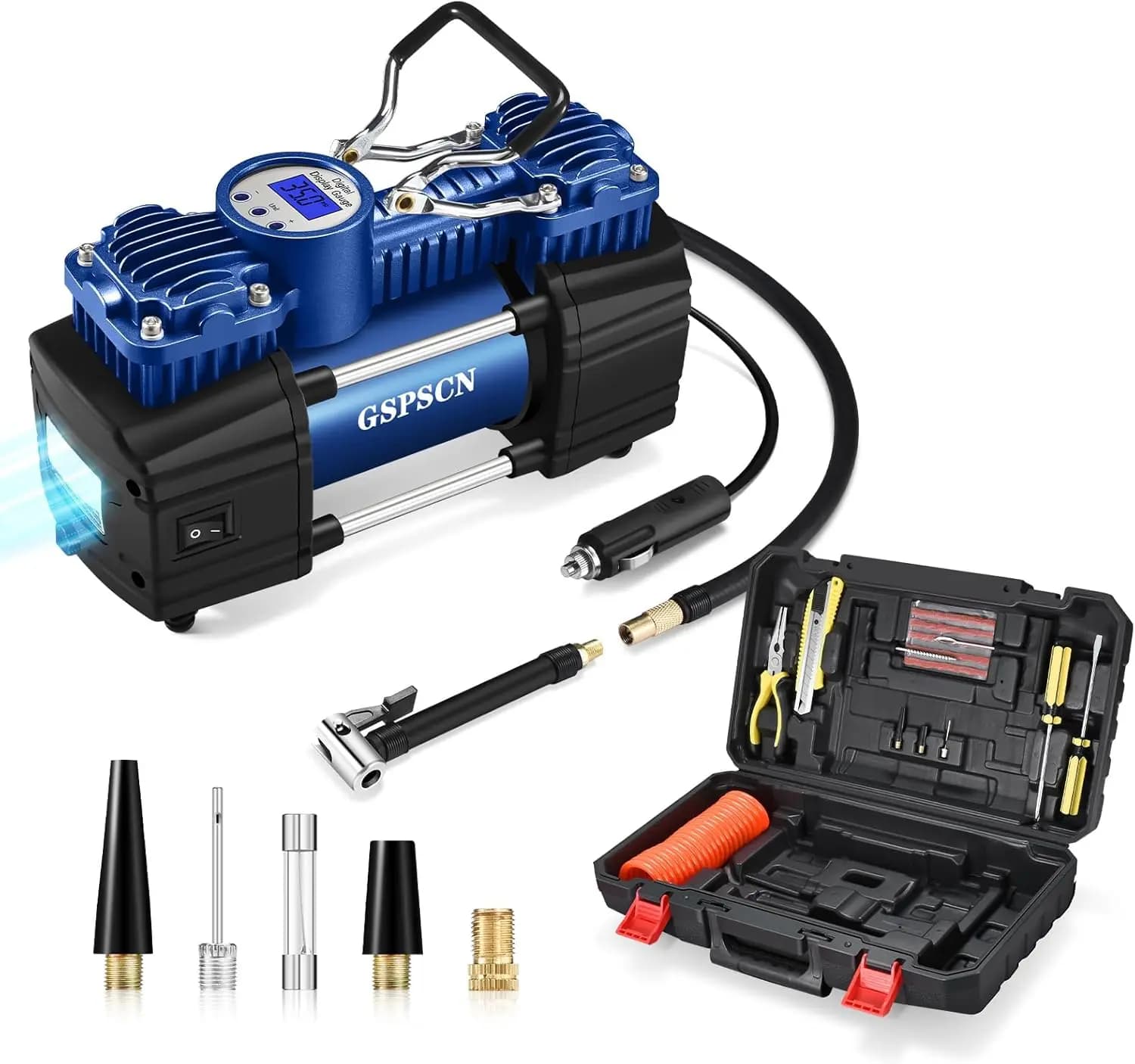 Pompa d'aria digitale per gonfiaggio pneumatici per impieghi gravosi da 12 V per autolavaggio e manutenzione di veicoli Doppio cilindro fino a 150 PSI