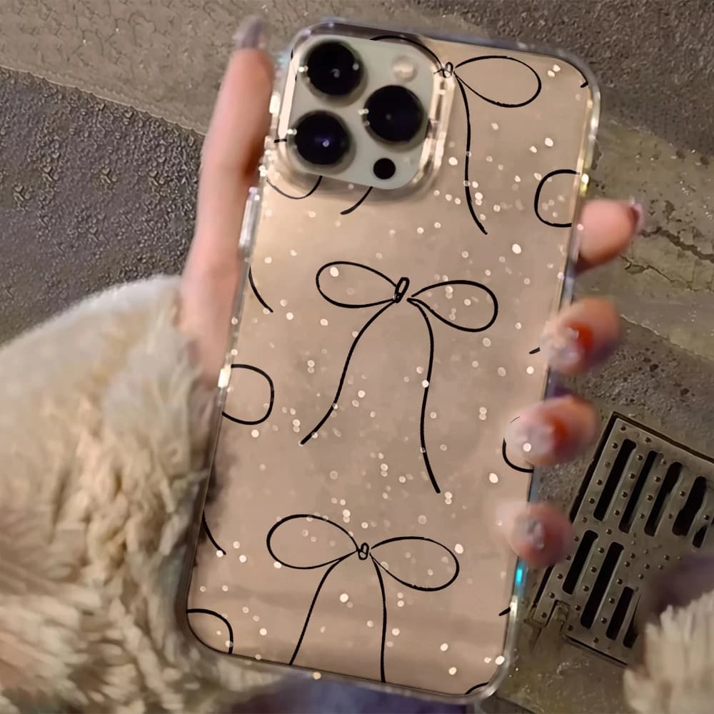 Luxury Minimalist Bow Clear Glitter Phone Case For iPhone 17 15 13 16 12 11 14 Pro Max 17 Air XR X 16e Cases Shockproof Cover