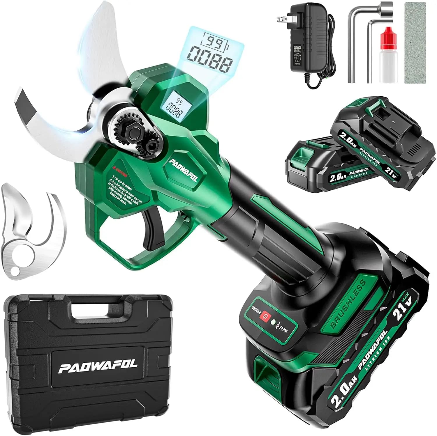 Powerless Electric Scissors with Cutting Diameter 1.6 Inches, LCD Display, 21V Brushless Motor and 2 Rechargeable Batteries
