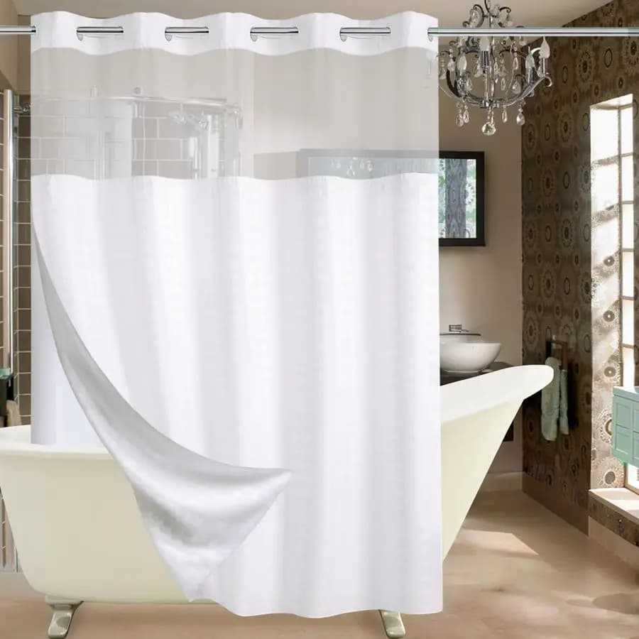 Tenda Doccia Extra Lunga Senza Ganci con Set di Rivestimenti a Incastro, Tende Doccia di Lusso Bianche per Hotel con Parte Superiore Trasparente W