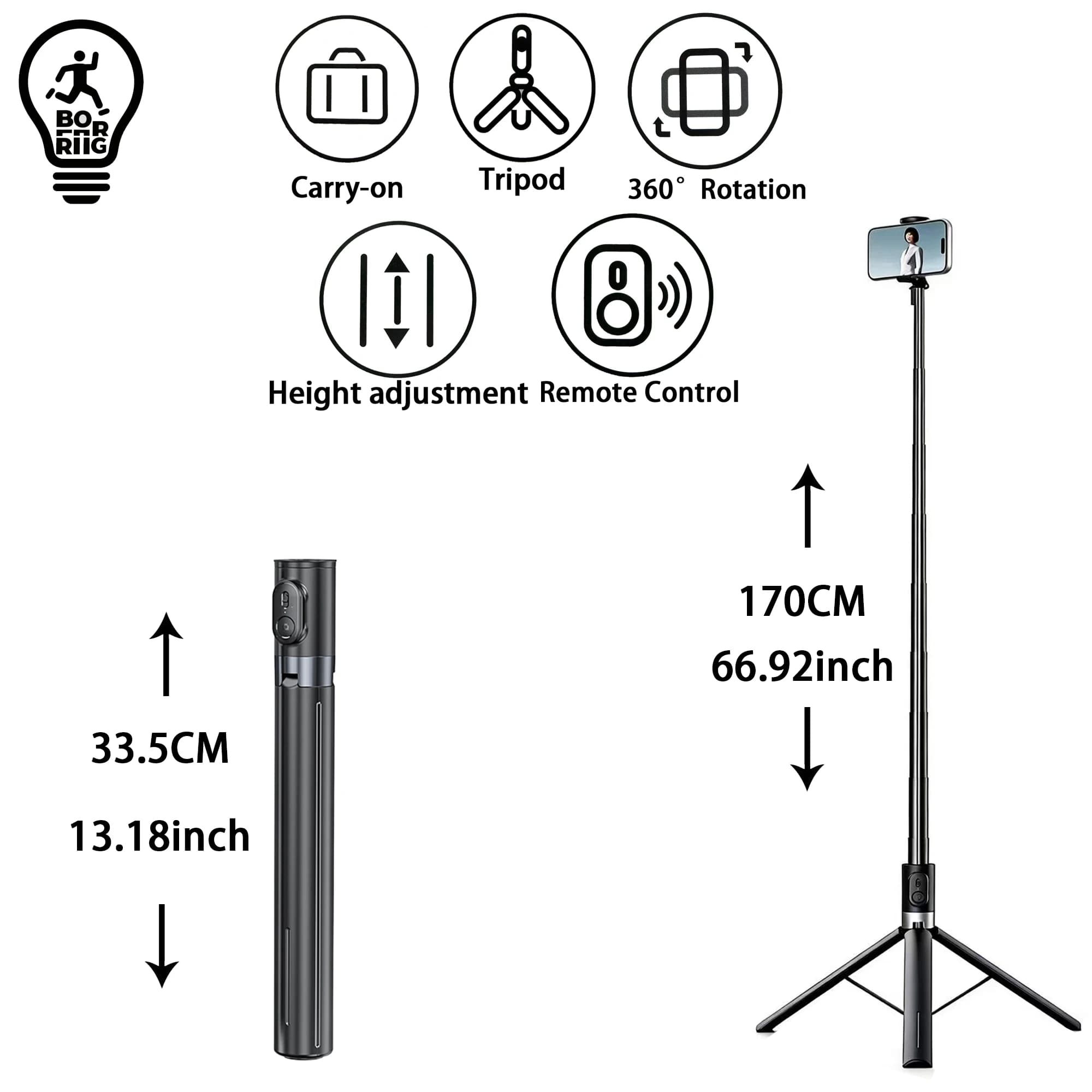 Treppiede universale per telefono, bastone selfie in metallo da 1,7 m con Bluetooth wireless compatibile, compatibile con Sony Canon iPhone Xiaomi