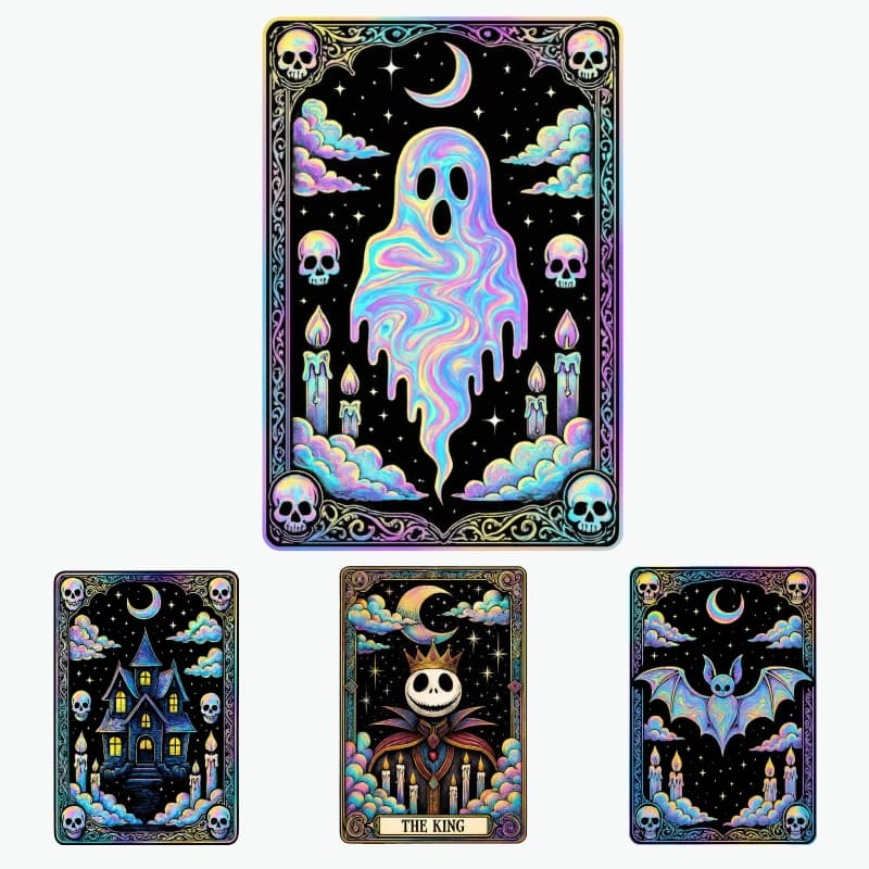 Holographic Tarot Card Set Black With Ghost And Skulls Pattern And The King Text For Halloween Party Decor