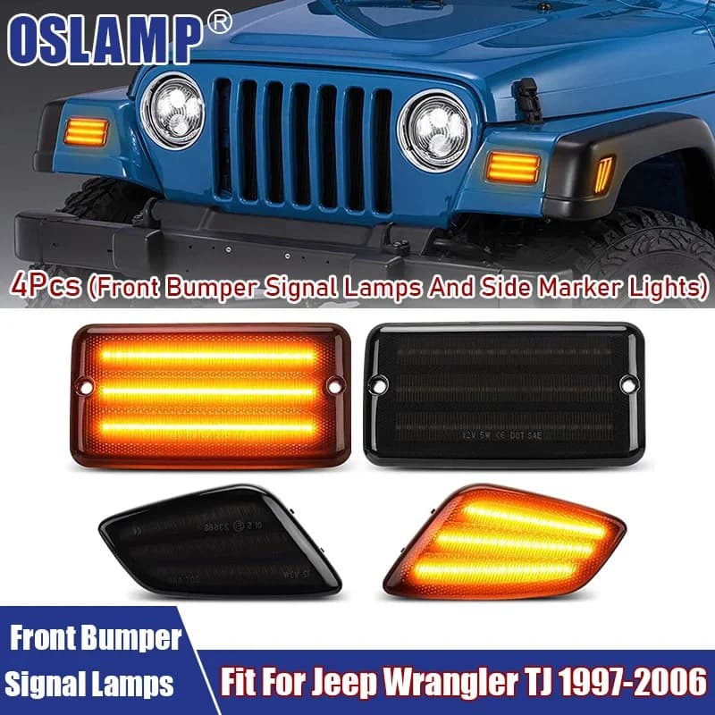 For Jeep Wrangler TJ 2Pcs Front Bumper LED Turn Signal And 2Pcs Front Fender Side Marker Lights Car Accessories LED Signal Lamp