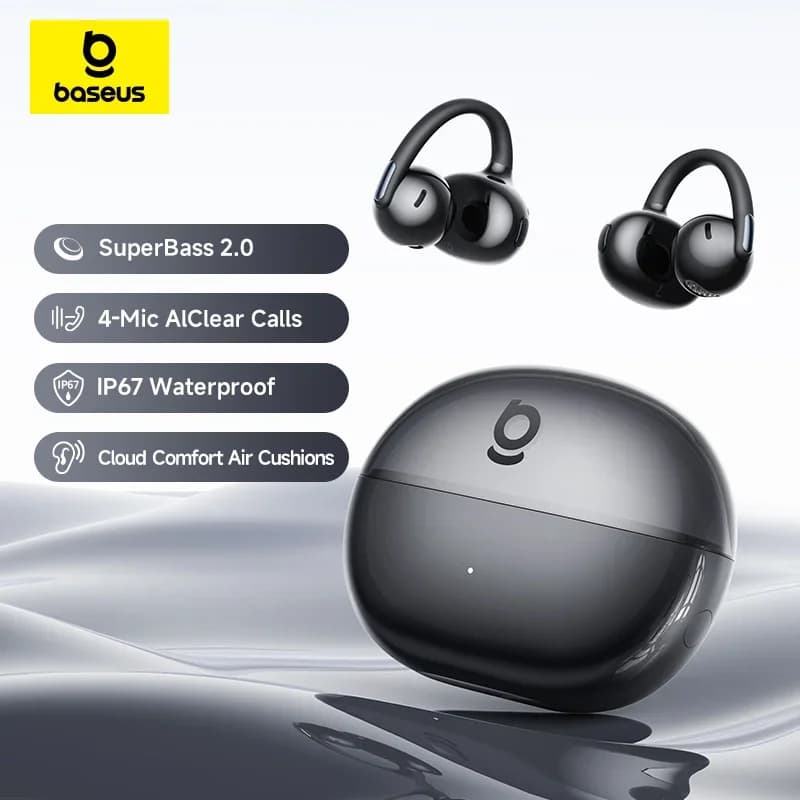 TWS Baseus Bowie MC2 AIR earphones with clips, Bluetooth 6.0 wireless earphones, open earring design, 4 ENC microphones, sports headphones.