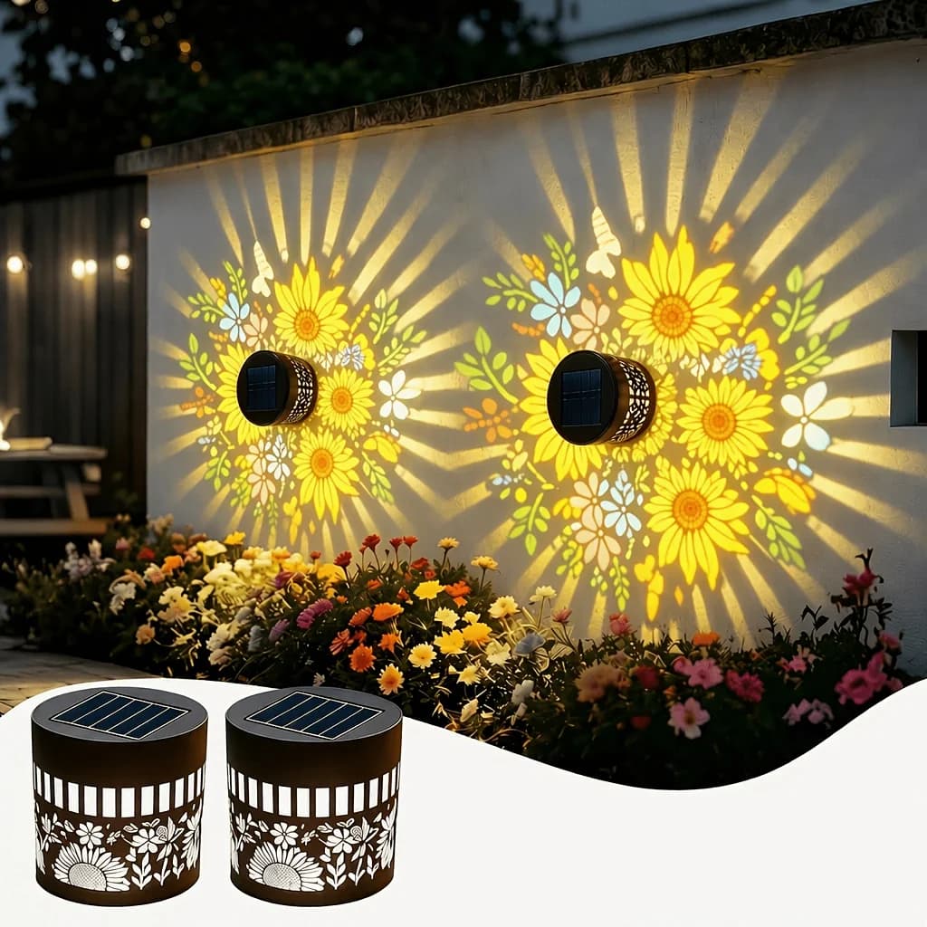 2 Pack Solar Fence Lights, Metal Solar Outdoor Deck/Step Wall Lights, Christmas Decorative Lights, Painted Sunflower Lanterns, Suitable for Garden Columns, Patios, Backyards and Courtyards, Fairy Tale Garden Decorative Lights.