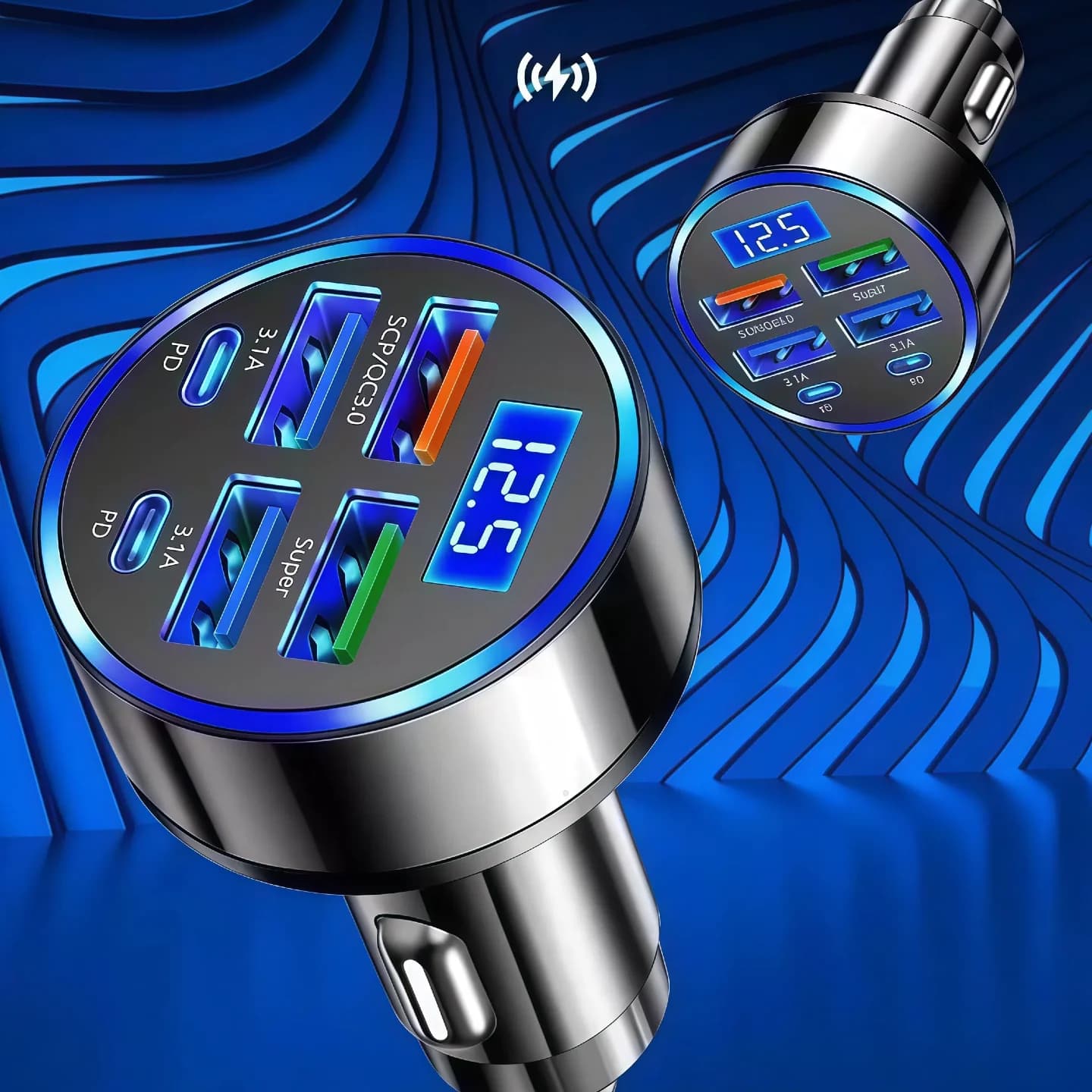 Car Charger 6in1 Super Fast Charging 4 USB ports 2 USB C multi with digital voltage monitor for car lighters