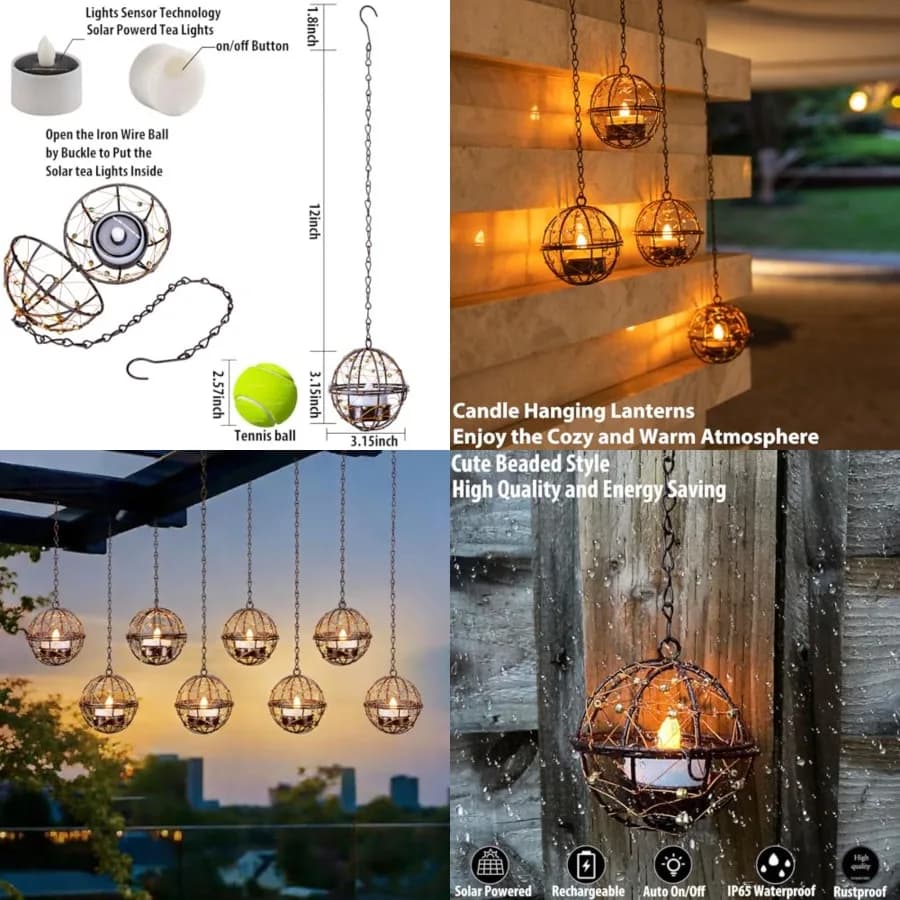 Lanterne Solari da Esterno Impermeabili, Portacandele Sospeso a Globo con Luci Tremolanti Alimentate a Energia Solare, Ricaricabili