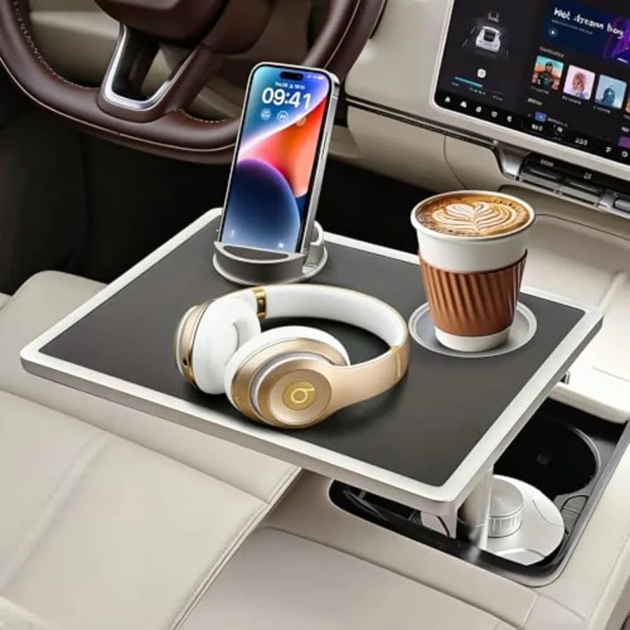 Vassoio per Auto con Rotazione a 360°, Superficie in Legno e Pelle Premium, Portabicchieri in Alluminio di Grado Automobilistico, Supporto per Telefono, Laptop e Pasti