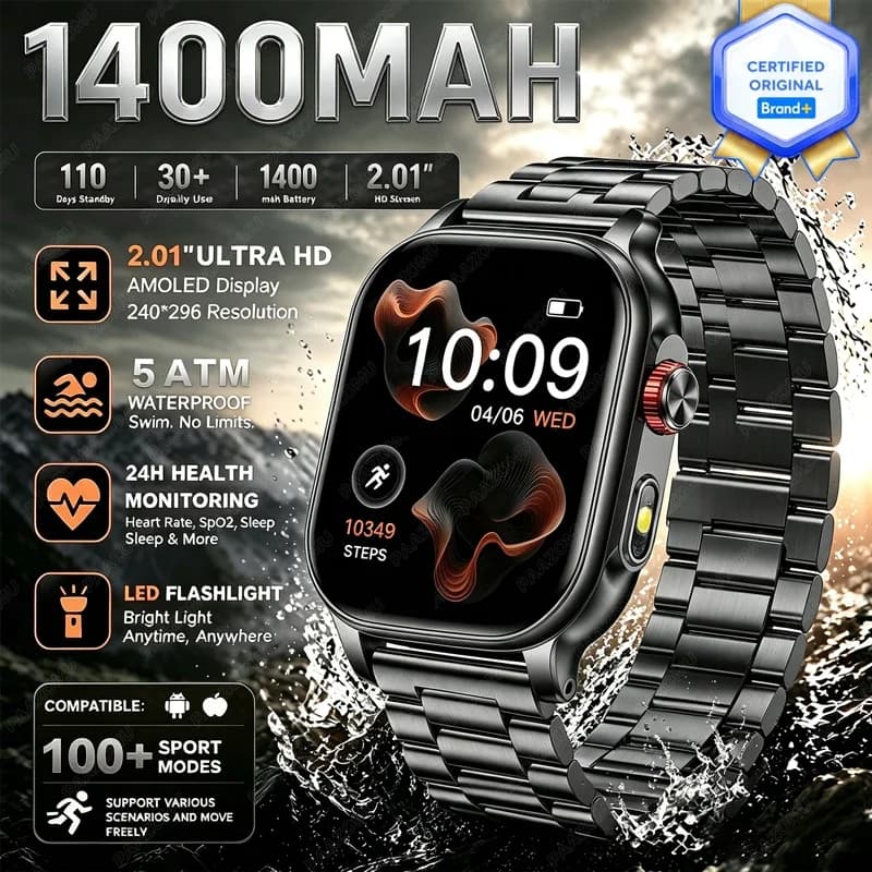 2026 New Built-in 1400mAh Super Large Battery Women Men Smart Watch Outdoor 2.01" Screen Waterproof Bluetooth Call Smartwatch