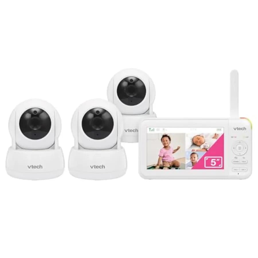 Monitor Video per Bambini VTech con 3 Telecamere e Schermo LCD da 5 Pollici, 17 Ore Video, 31 Ore Audio, Visione Notturna, Pan-Tilt-Zoom, Ninna Nanna e Suoni Rilassanti