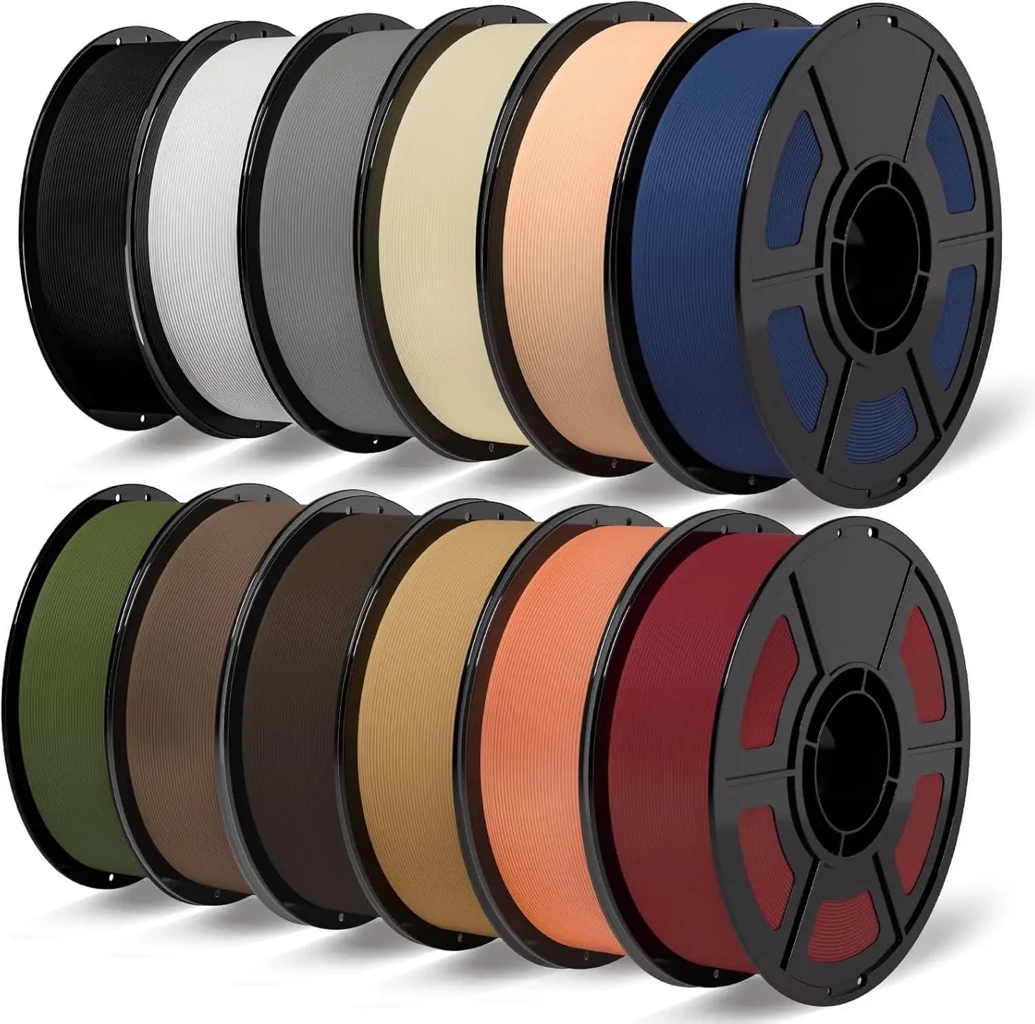 Confezione da 12KG di Filamento PLA Opaco 1.75MM, Multicolore per la Maggior Parte delle Stampanti 3D, Nero Bianco Grigio Beige Pelle Blu Navy Blu Militare