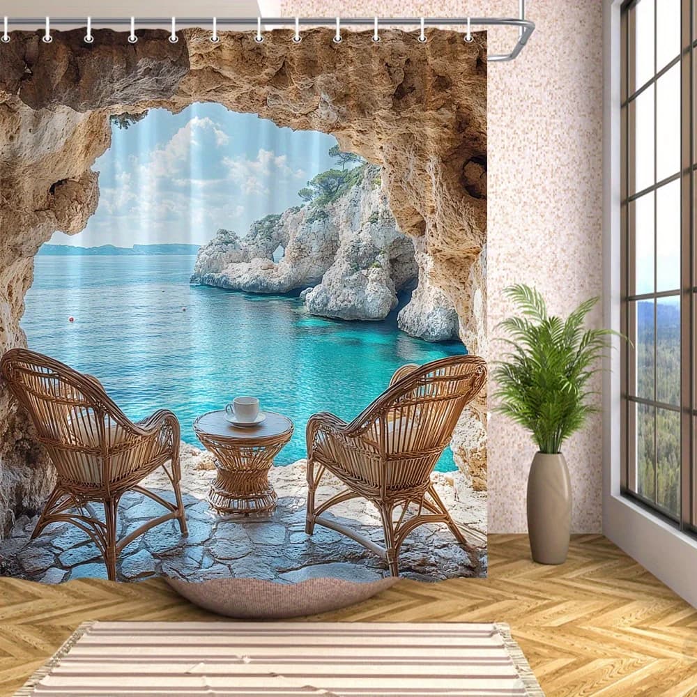 Tenda da doccia con vista sulla grotta costiera da 1 pezzo - Foresta lussureggiante e arte digitale a cascata, lavabile in lavatrice, per tutte le stagioni, sfoderata