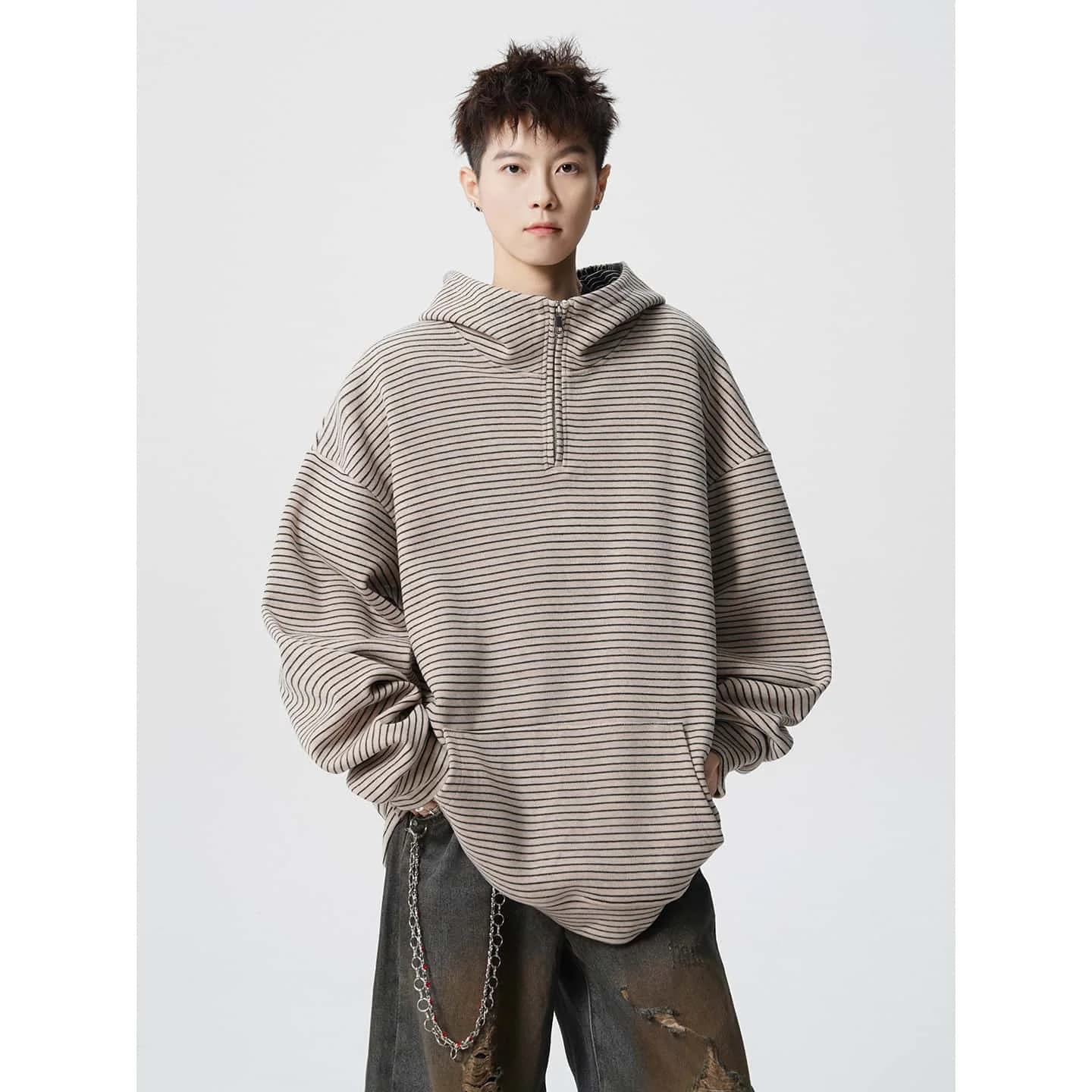Heavyweight Soft Fleece Half Zip High Neck Hoodie, Striped Color Block Casual Top, Warm Stretchy Breathable Plus Size M-5XL Oute