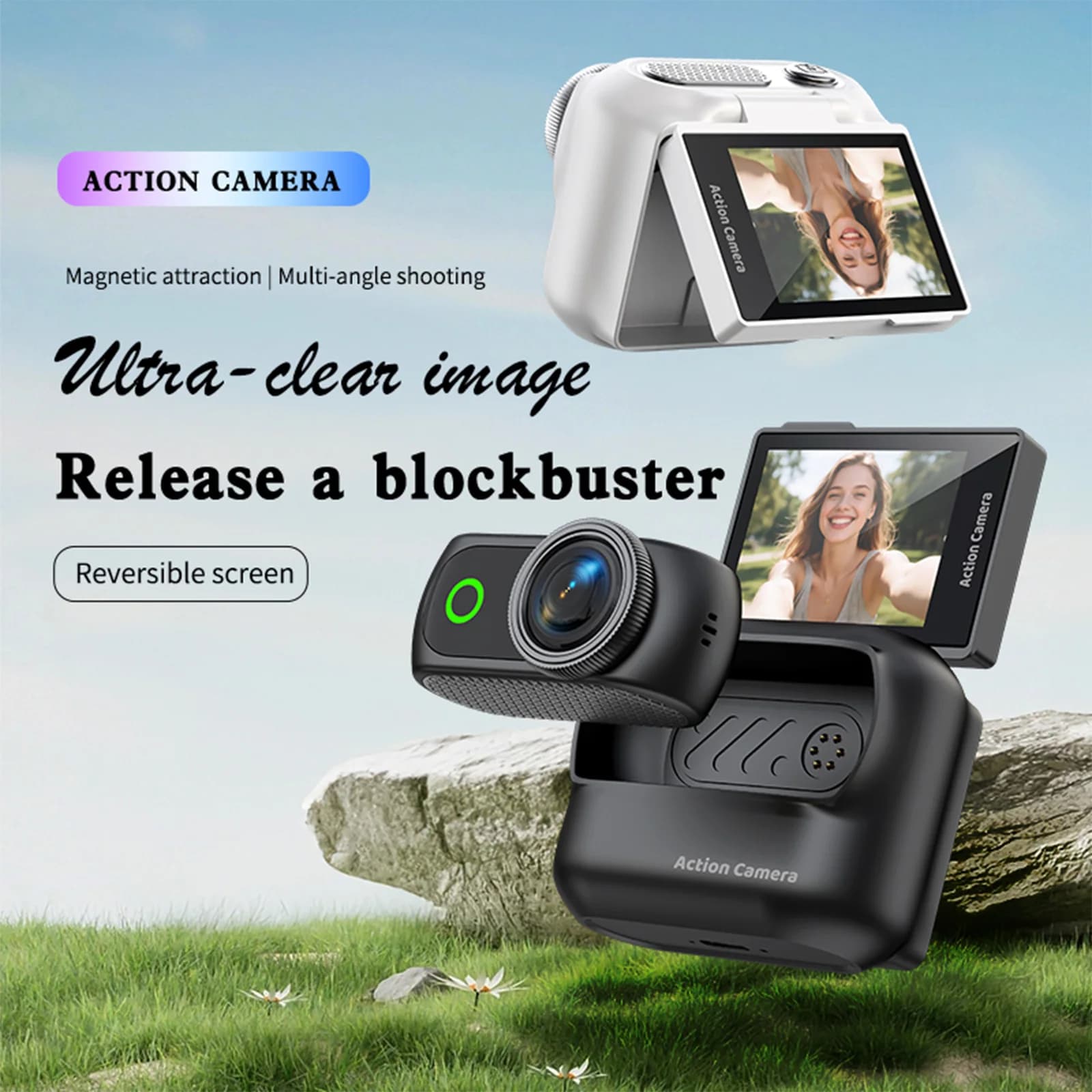 Compact Panoramic Action Camera 2.0in Flip Screen WiFi Mini Sports Camera With Magnetic Neck Strap for Vlog Recording & Selfie