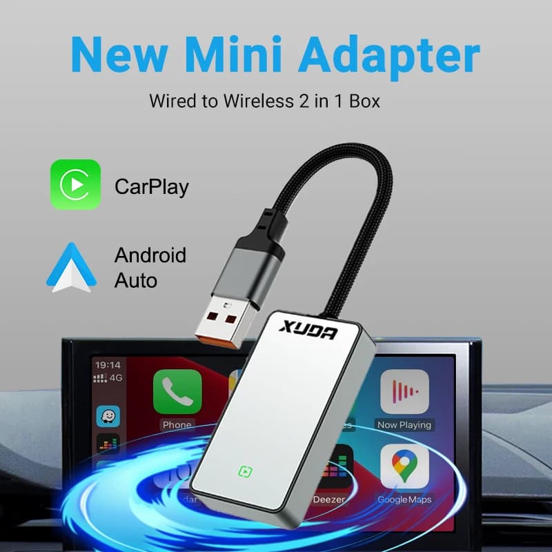 Adapter 2 in1 wireless wired Carplay and Android Auto Glass retrovisor mirror Mini box AI, USB/C Plug & Play type for car OEM