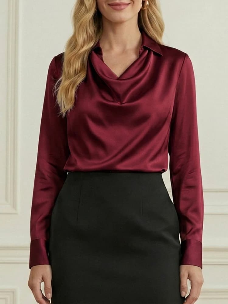 Camicetta Elegante da Donna in Raso Tinta Unita con Collo a Cappuccio e Risvolto, Maniche Lunghe, per Ufficio, Estate 2026, per Lavoro e Uso Quotidiano
