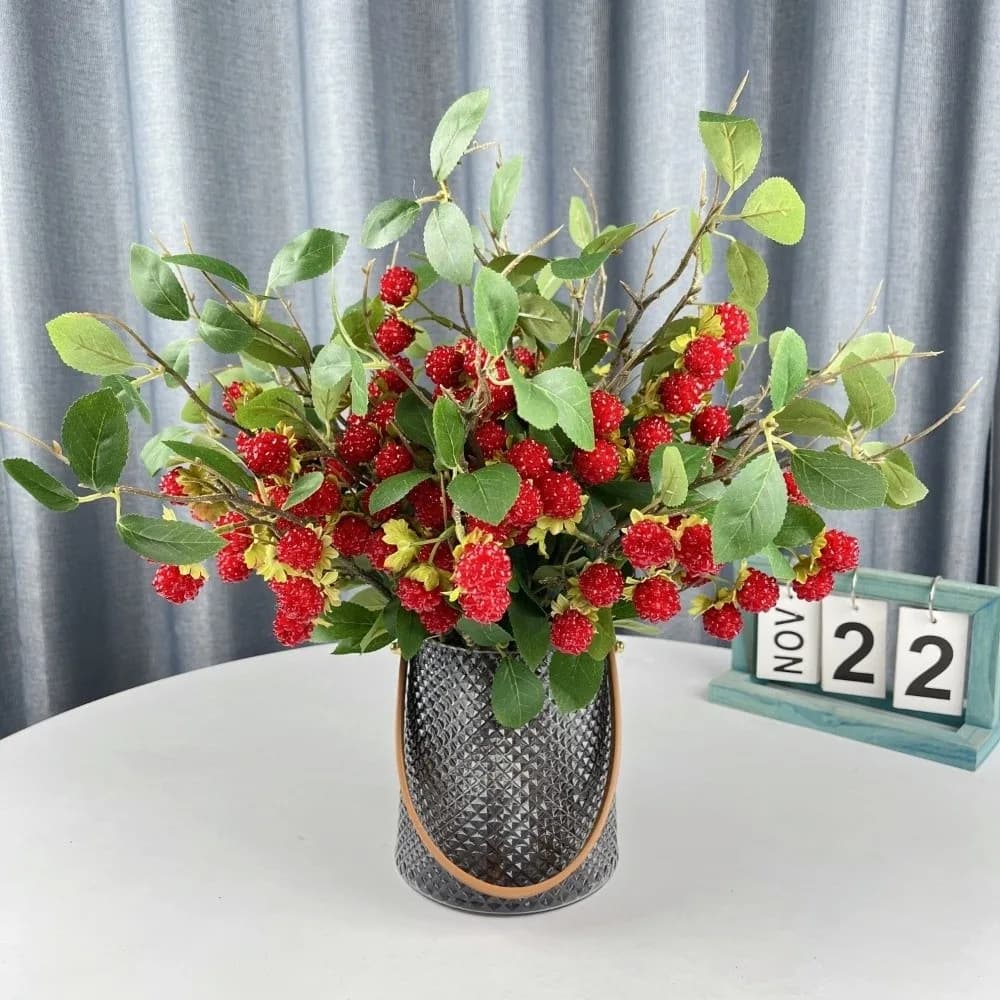 Ramo Artificiale di Lamponi con Foglie Verdi, Piante di Frutta in Plastica di Lusso, Piante Finte Realistiche ed Eleganti, Regalo