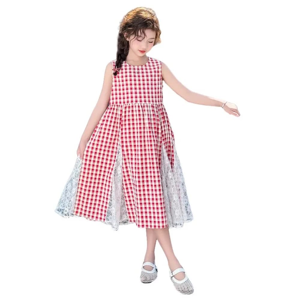 Round Neck Children Plaid Dress Sleeveless Princess Kids Grid Long Dress with Mesh Lace Flower Long Girls Patchwork Skirt Travel