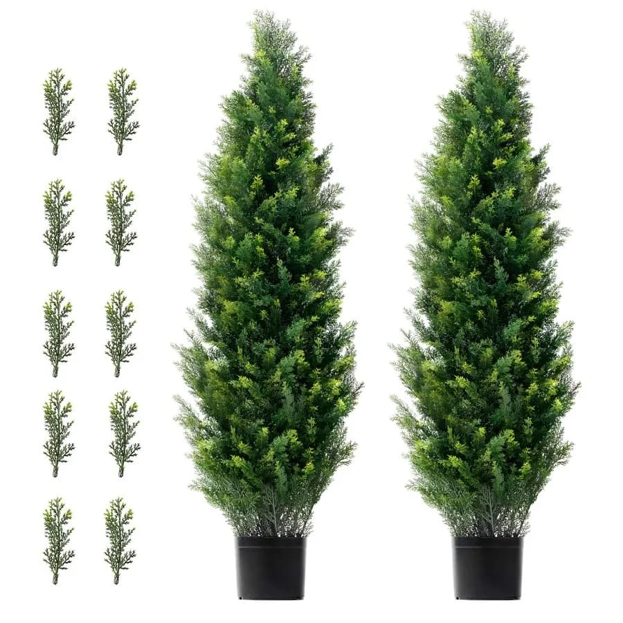 Albero Topiario di Cedro Artificiale, 48 Pollici di Altezza, 2 Pezzi con Foglie Extra, Vaso con Protezione UV, Finto Pino Cipresso Sempreverde