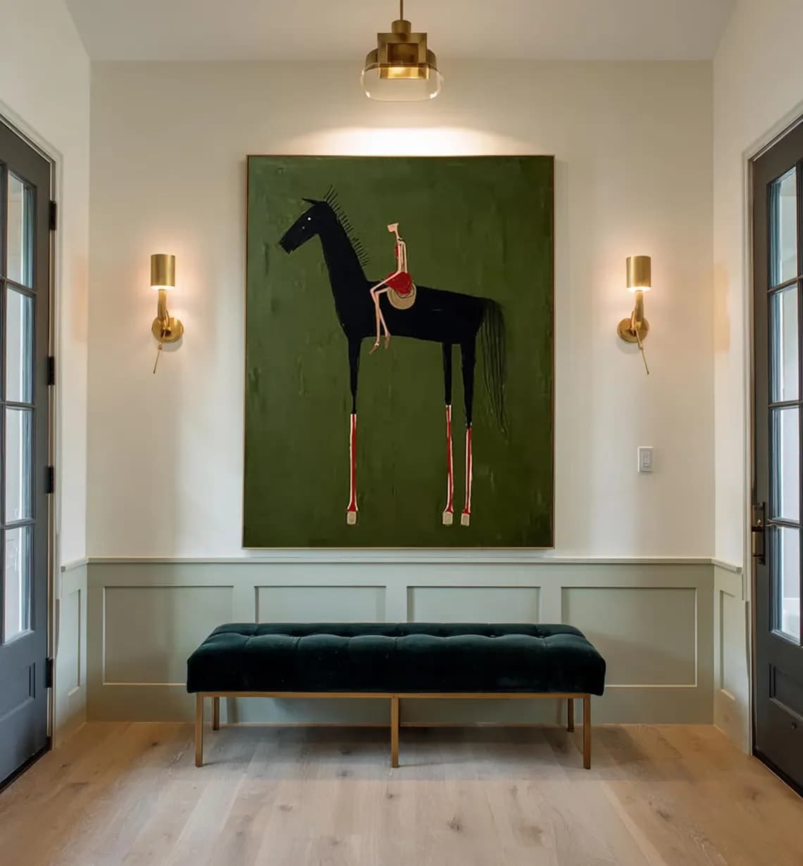 horse art Neutral Home Decorpainting Large green Minimalist Canvas Brown Abstract Horse Rider Figure Painting Vintage Equestr