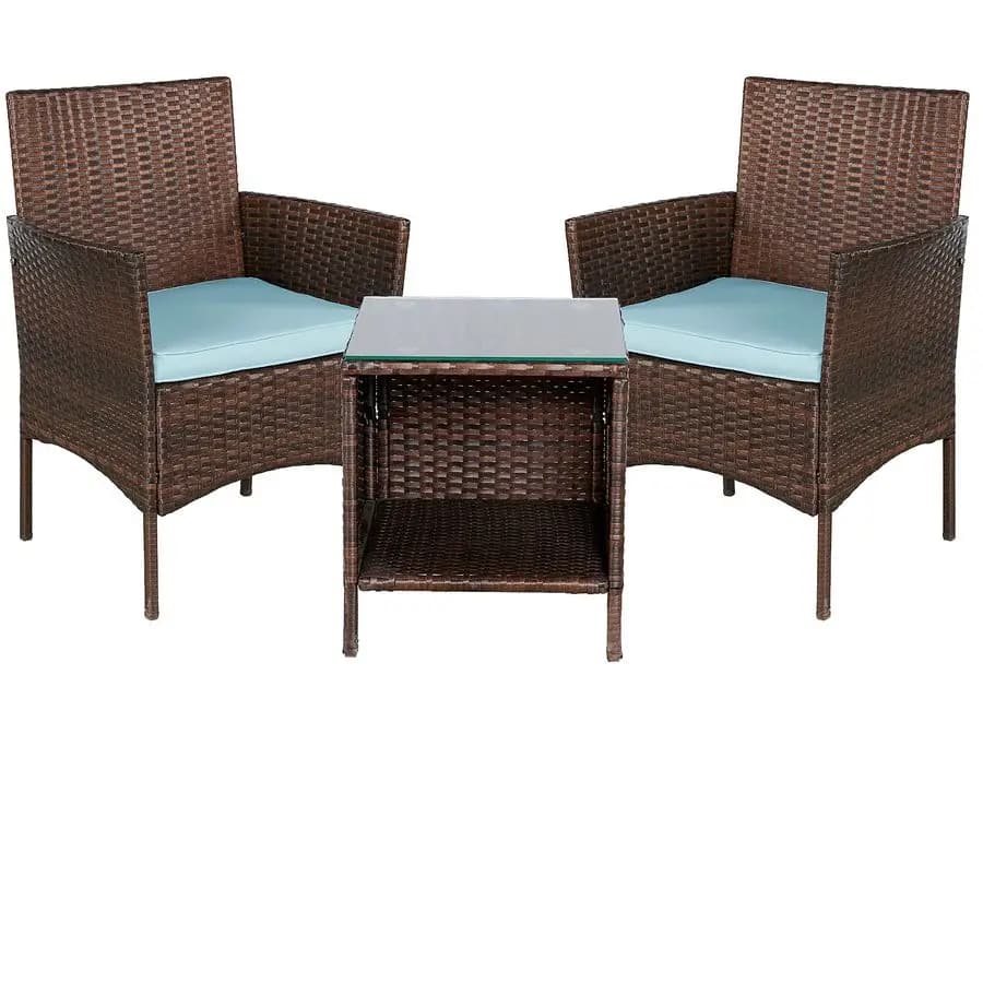 Outdoor wicker patio Conversation 3 piece bistro set Garden furniture Rattan space Two chairs Side cushions St