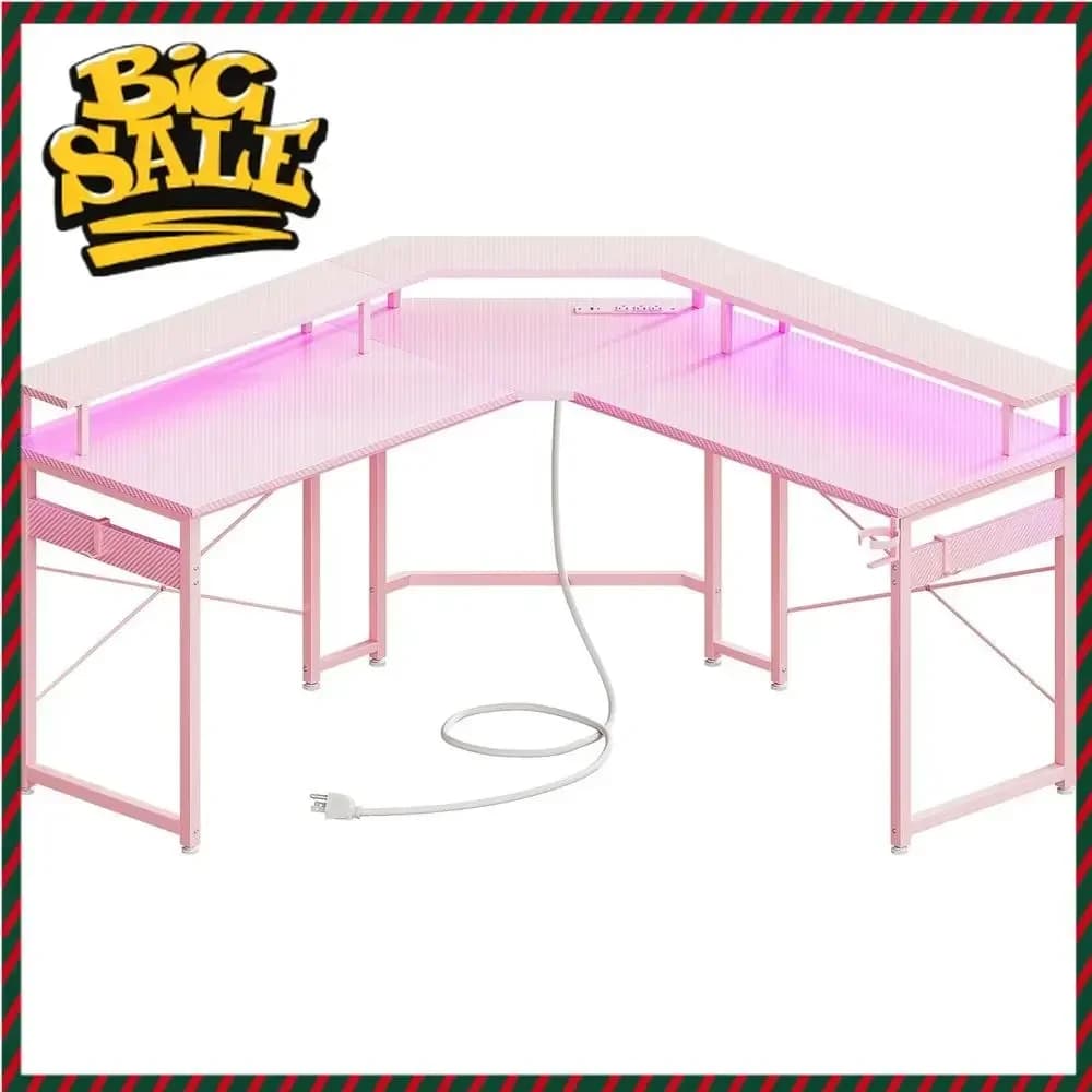 Scrivania da Gaming a L da 51 Pollici con Illuminazione LED, Supporto per Monitor, Portabicchieri e Prese di Corrente in Rosa - Offerta a Tempo Limitato
