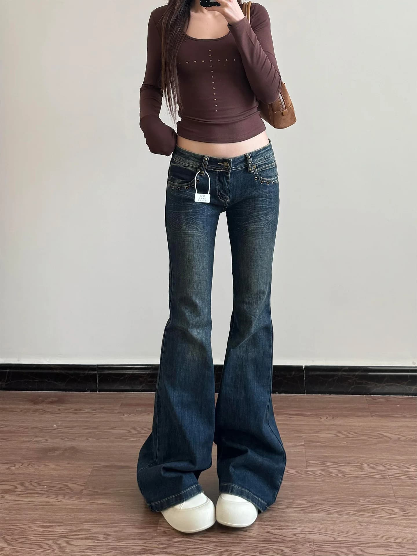Jeans a Zampa d'Elefante Stile Americano Retro Lavato, Nuovi Pantaloni in Denim Vintage Slim Fit a Vita Naturale per Donna, Lunghezza Maxi, Collezione Estiva