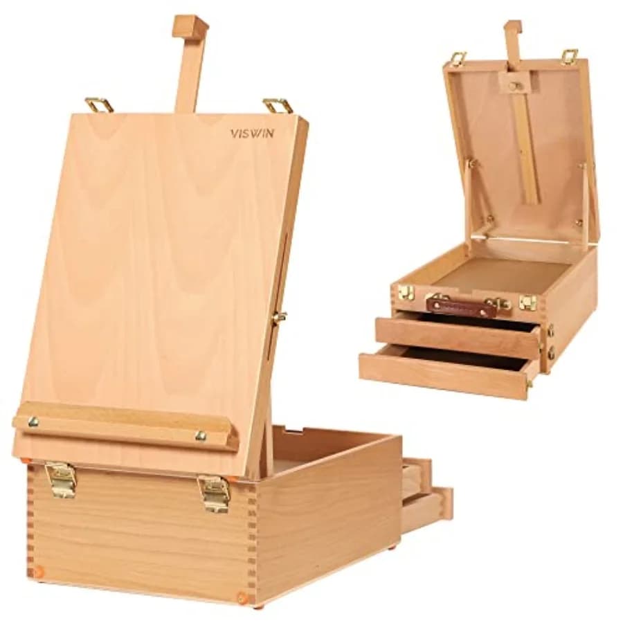 Cavalletto da Tavolo Grande con 3 Cassetti Portaoggetti, Cavalletto da Scrivania Regolabile Portatile in Legno di Faggio per Pittura, Disegno e Arte all'Aperto