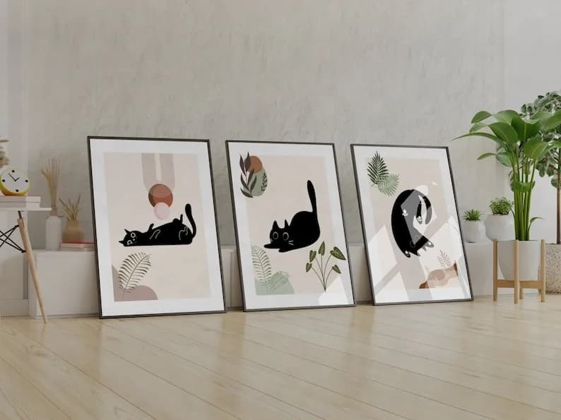 Set di 3 Quadri su Tela Moderni Boho con Gatto Nero, Poster Artistici Astratti Senza Cornice per Decorazioni di Camerette e Camere da Letto