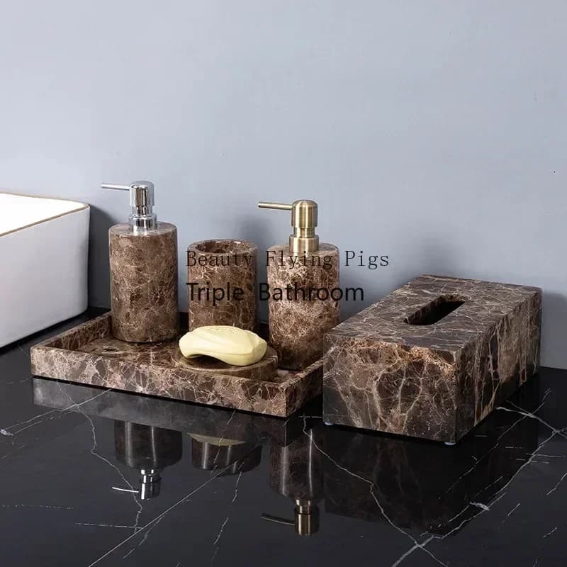 Emperador Set da bagno in marmo naturale scuro Porta spazzolino di lusso marrone Portasapone Dispenser di sapone Accessori da bagno