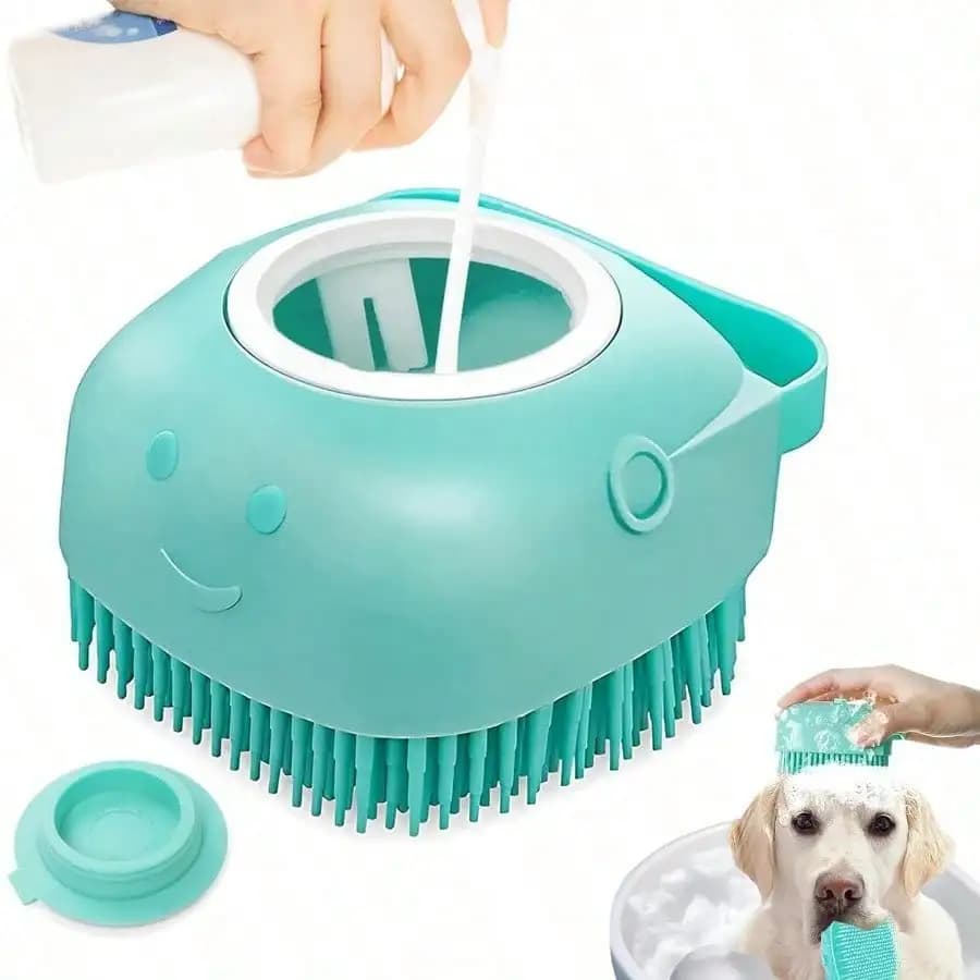 Spazzola da bagno per animali domestici color verde acqua con dispenser di sapone e setole morbide in silicone per una toelettatura delicata