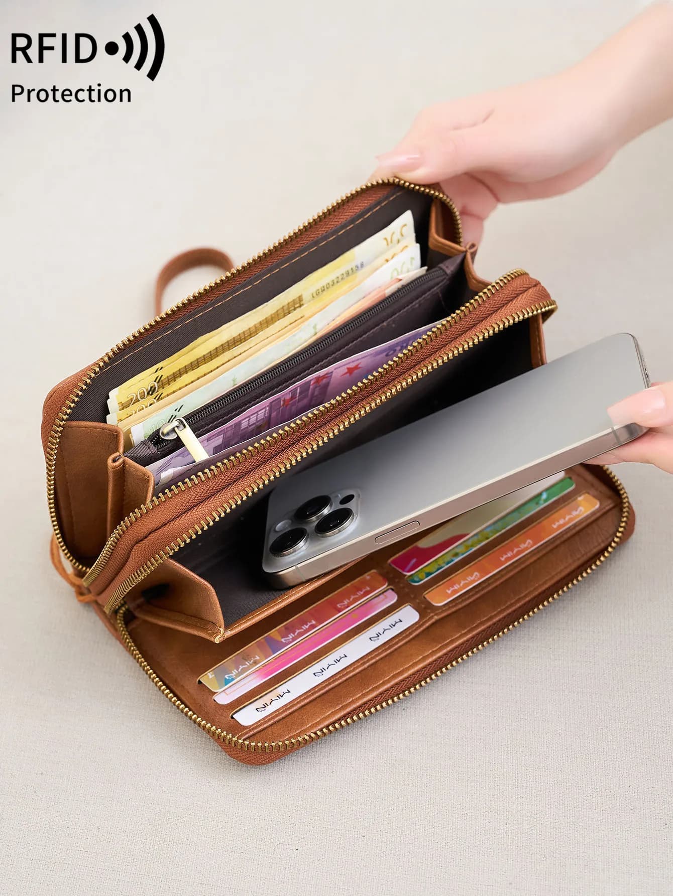 MIYIN Portafoglio da donna Schermatura RFID Doppia cerniera Pochette da donna Retro Minimalista Multi-funzione Porta carte con slot multi-carta