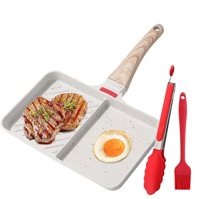 Anti-stick pan with 2 compartments for Homes and Breakfast, Square Grid for Eggs and Steaks, for Cooking Plans