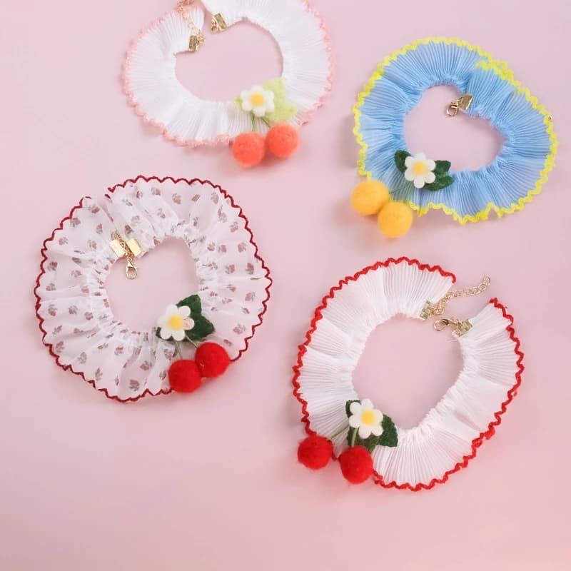 Collare per cani rosso rosa ciliegia per Chihuahua York Collana per gattini di compleanno floreale in pizzo Accessori per collo di gatto da principessa romantica