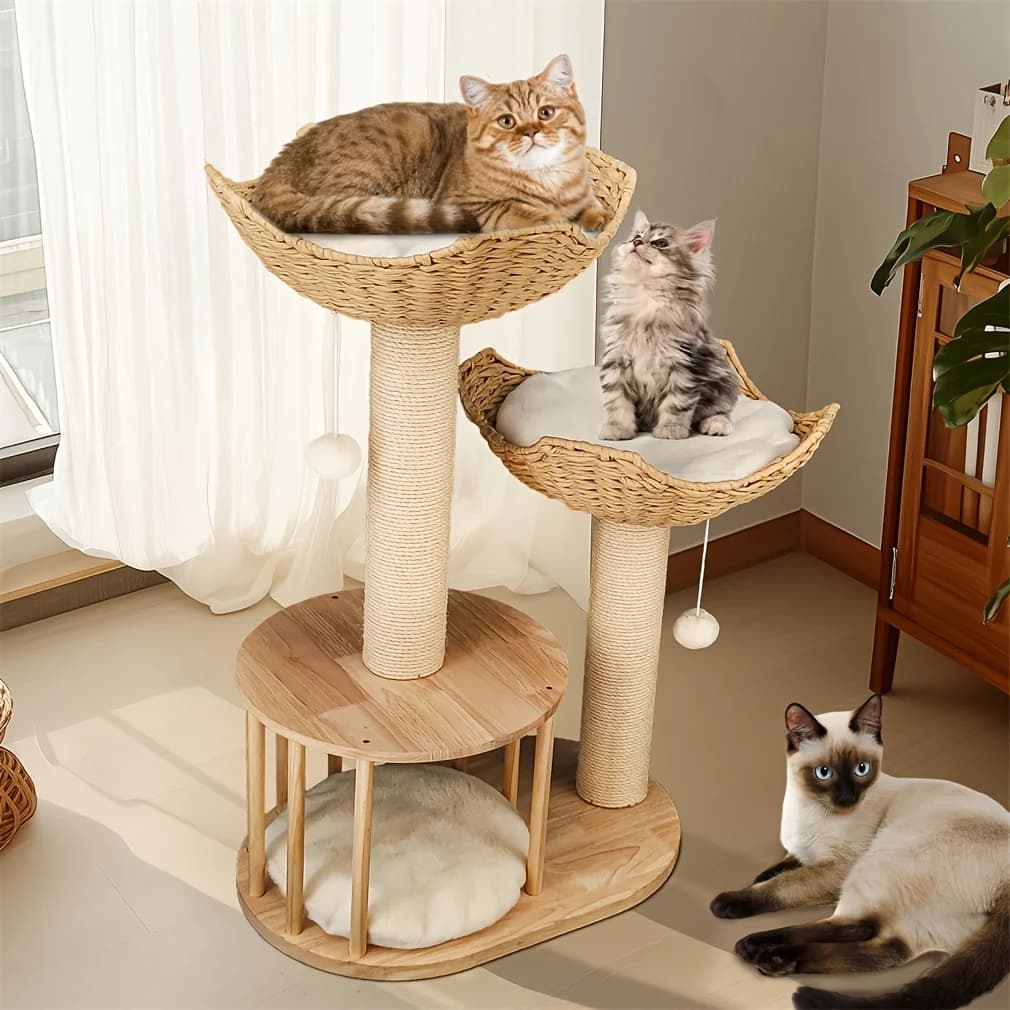 Albero per gatti in legno massello alto 38,98 pollici con cuccia aperta e posti di grattamento in iuta per gattini, con cestino per dormire e corda in sisal