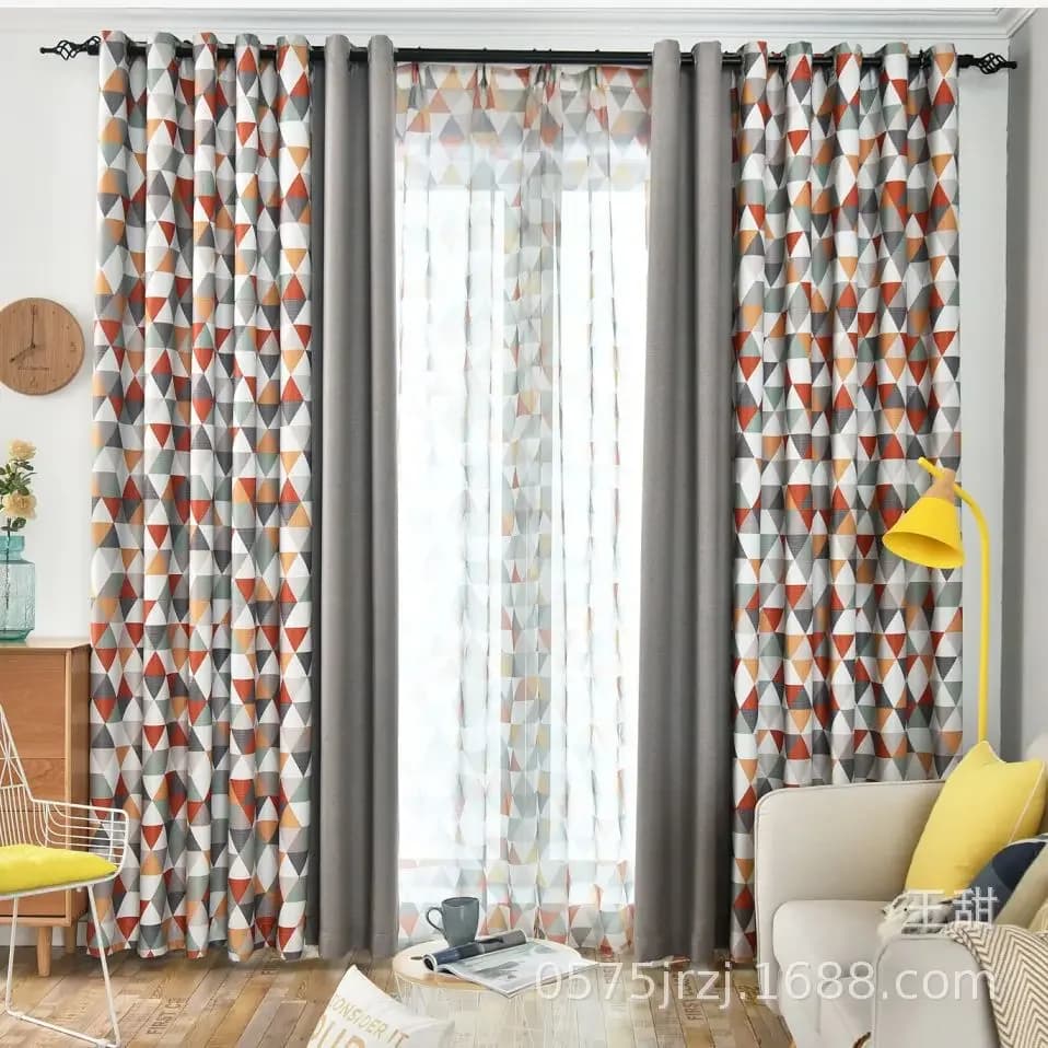Curtain Finished Color Triangle Imitation Linen Splicing Bay Window Bedroom Blackout Curtain Living Room Simple and Modern