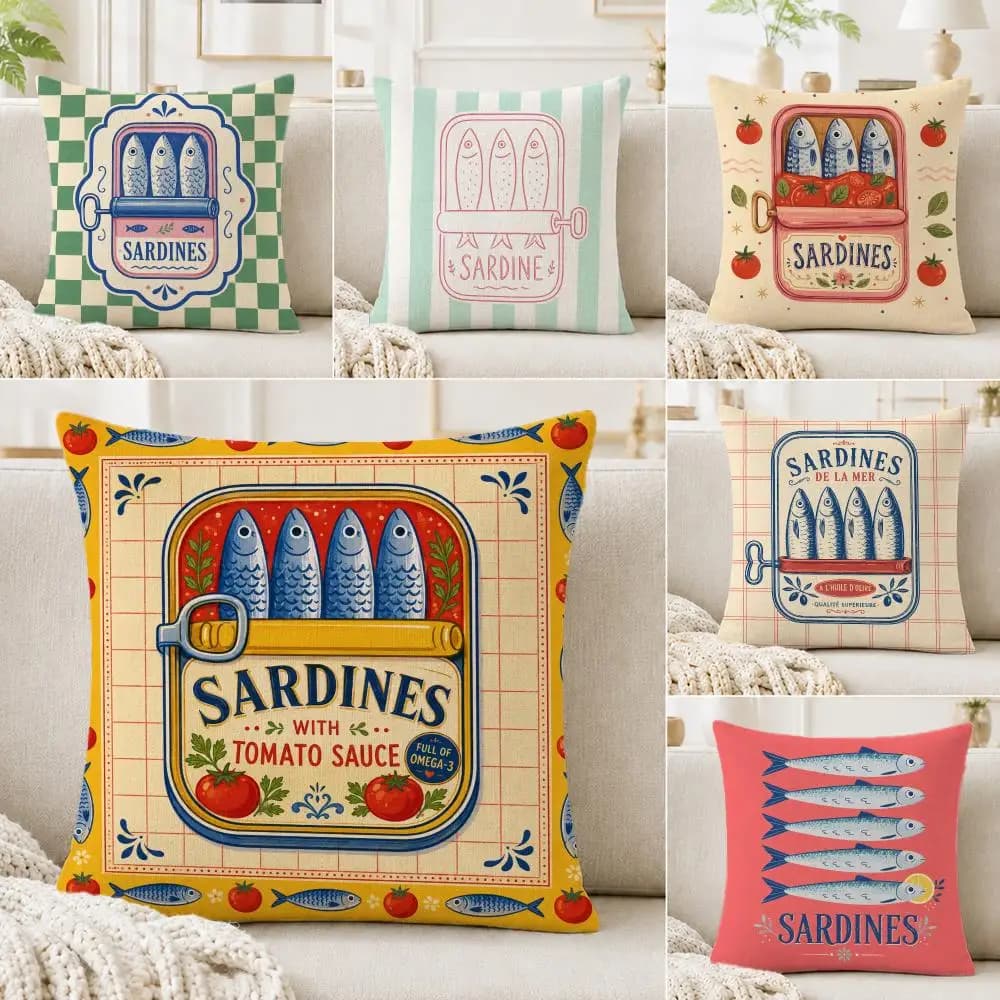 Cartoon Sardines Cartoon Cushion Cover Linen Cushion Cover, Double-Sided Printed Pillow Cover for Sofa Home Decor