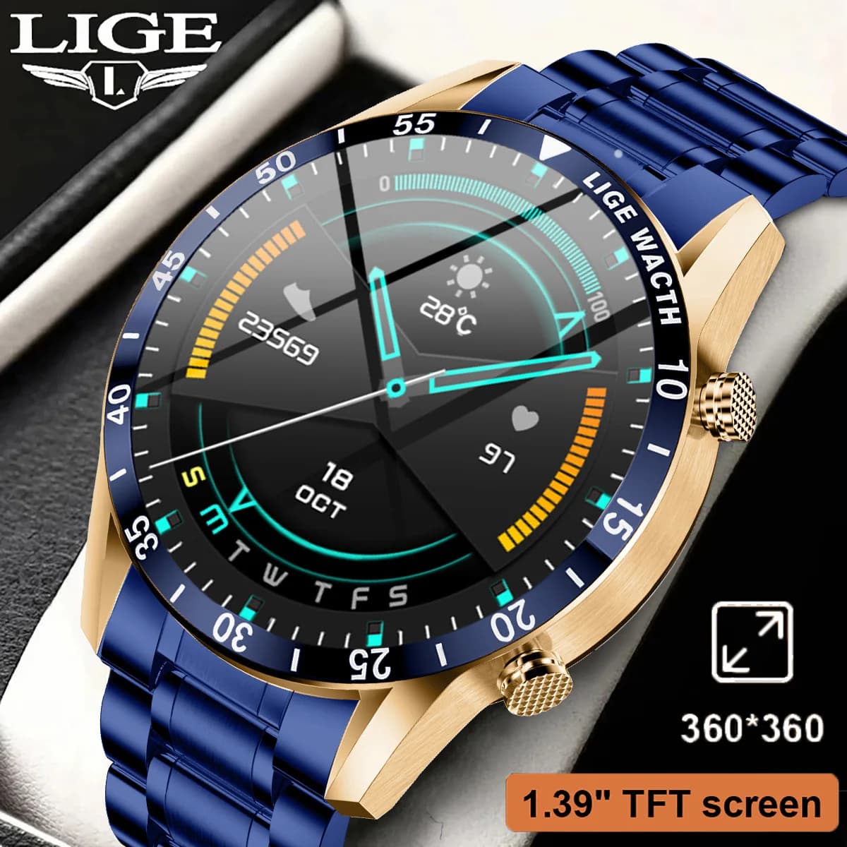 LIGE Smart Watch Men's Luxury Full Circle Touch Screen Called Bluetooth Steel Strap Waterproof Fitness Sports Watch for Android IOS