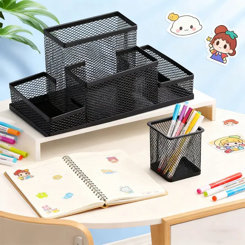 Stoccaggio da scrivania Tame Forniture per ufficio Disordine veloce Organizzatore da scrivania in rete nera Portapenne Kawaii Organizzatore di cancelleria Forniture per ufficio
