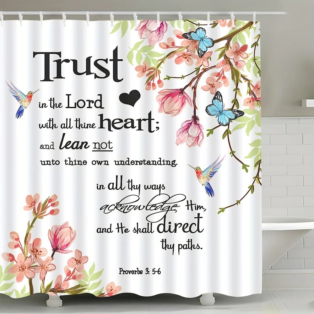 Tenda da doccia con citazione ispiratrice con ganci - Poliestere impermeabile, design floreale e farfalla, fiori rosa e foglie verdi