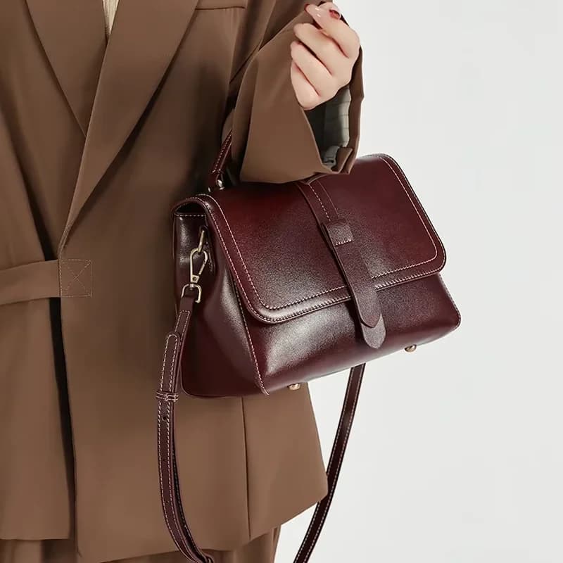 Women's Genuine Cowhide Leather Flap Satchel Handbag Smooth Leather Top Handle Vintage Office Crossbody Shoulder Messenger Bag