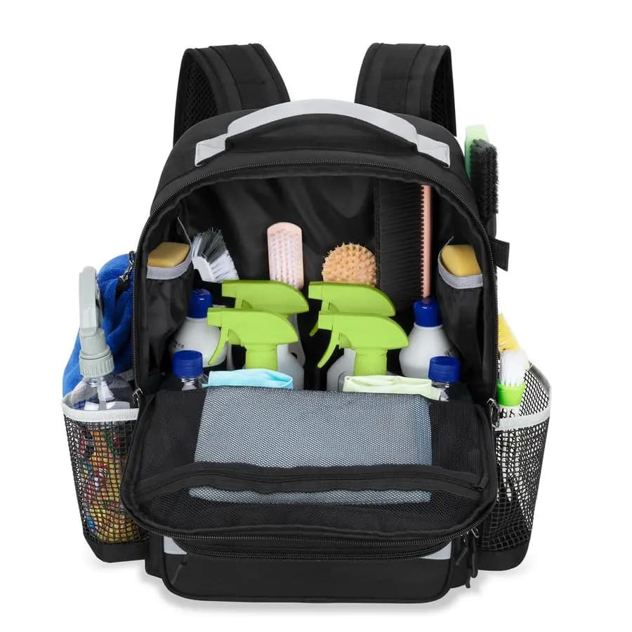 Zaino con piastra inferiore impermeabile, borsa portaoggetti grande con tasche multiple per attrezzi domestici e prodotti per la pulizia