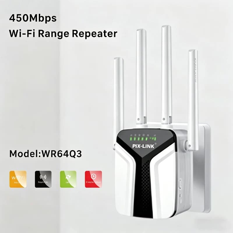 PIX-LINK WR64Q3 Router Wireless 450Mbps, Ripetitore WiFi, Access Point 2.4GHz con Antenne 4dBi, Estensore di Segnale Domestico