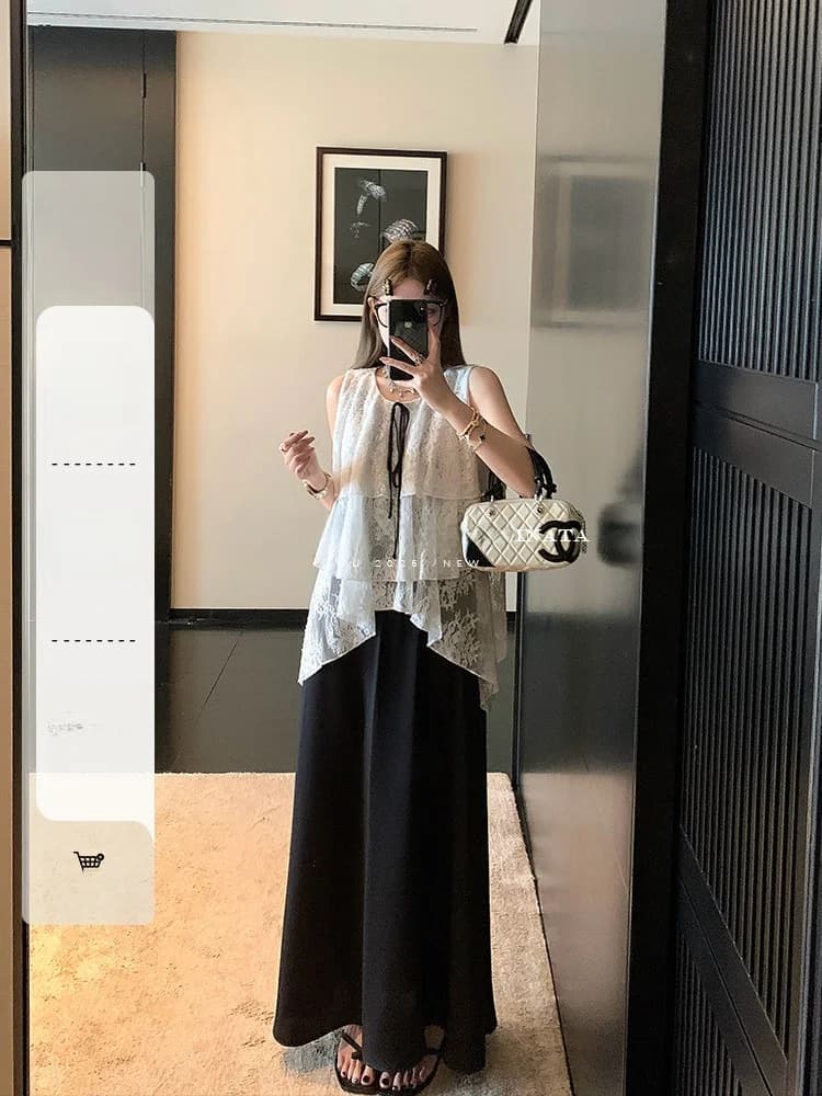 Luu Tassel Sleeveless Lace Patchwork Silk Face Color Block Long Dress Women Spring Summer Loose A-Line Dress Design Sense Skirt