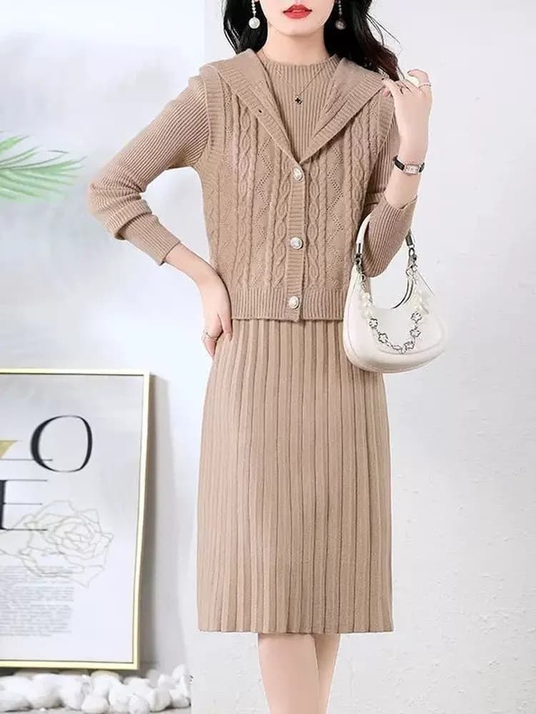 Elegante Completo Due Pezzi in Maglia: Maglione e Vestito da Donna, Moda Primavera Autunno, Abbigliamento in Maglia che Nasconde le Forme, Stile per il Lavoro