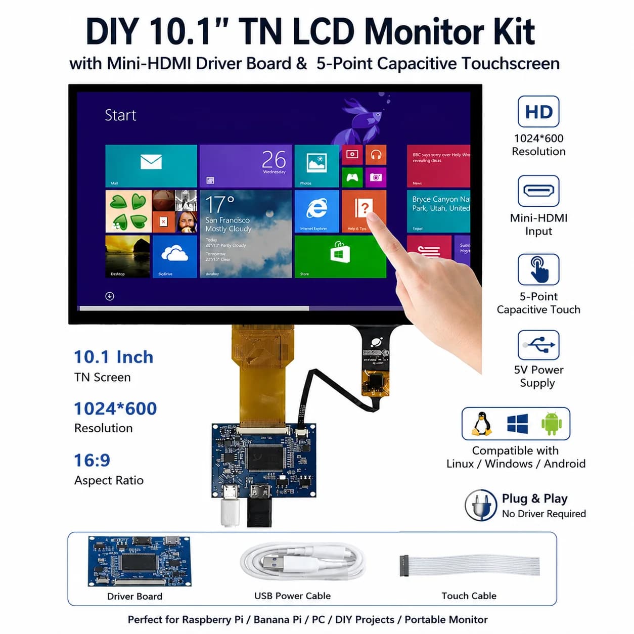 10.1 inch LCD Display Screen Monitor Driver Control Card Compatible with HDMI Touchscreen Computer Side Screen Raspberry Pi