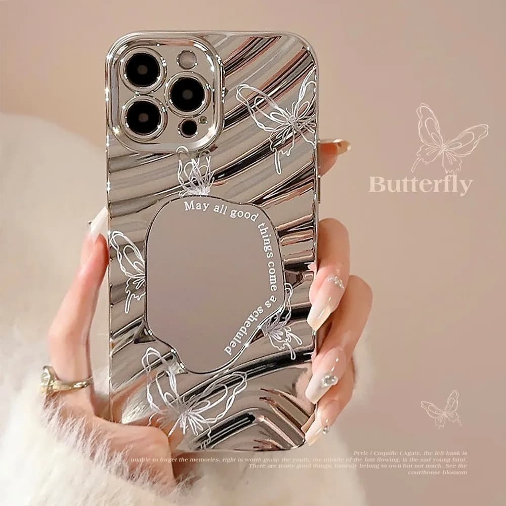 Custodia per telefono di lusso con specchio per il trucco e placcatura ondulata color argento per iPhone 17 16 15 14 13 12 11 Pro Max XS XR X 7 8 Plus, antiurto
