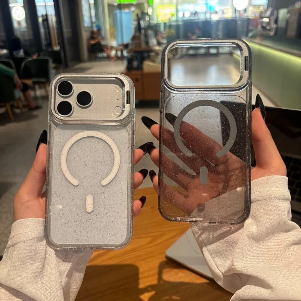 Bling Glitter Lens Bracket Clear Case For iPhone 17 16 15 14 13 18 Pro Max For Magsafe Wireless Charging Magnetic Cover Fundas